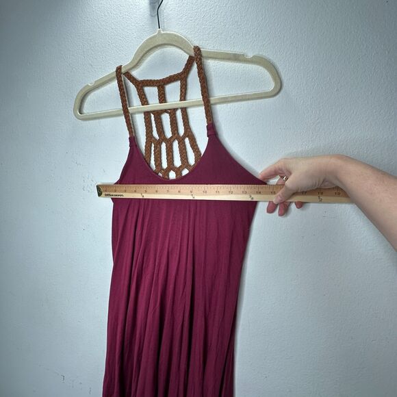 Sky Burgundy Scoop Neck Hand Braided Leather Design Back Strap Flowy Dress XS - Picture 11 of 14